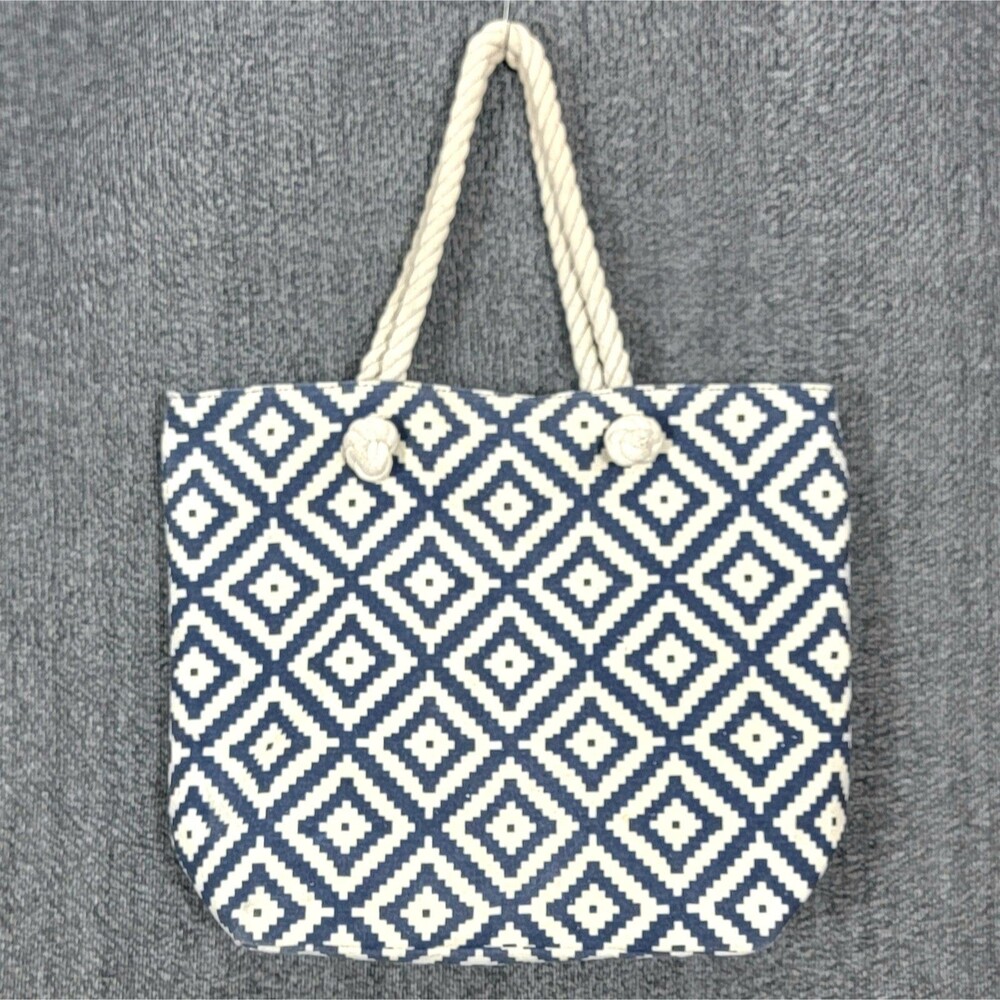 Summer & Rose Canvas Tote Bag Blue Beige Diamond Geometric w/ Rope Handles 17x14